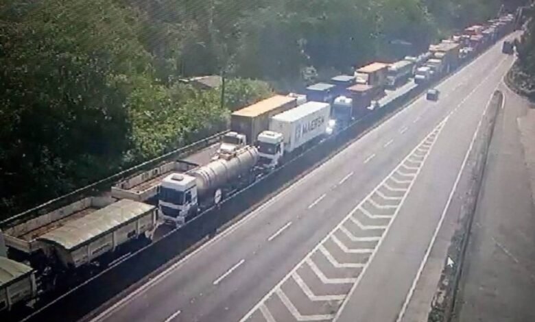 Travessia de balsas no Litoral fica com enorme fila devido a excesso de caminhões em rodovia