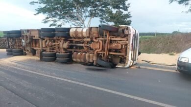 Caminhão tomba e espalha carga pela Rodovia