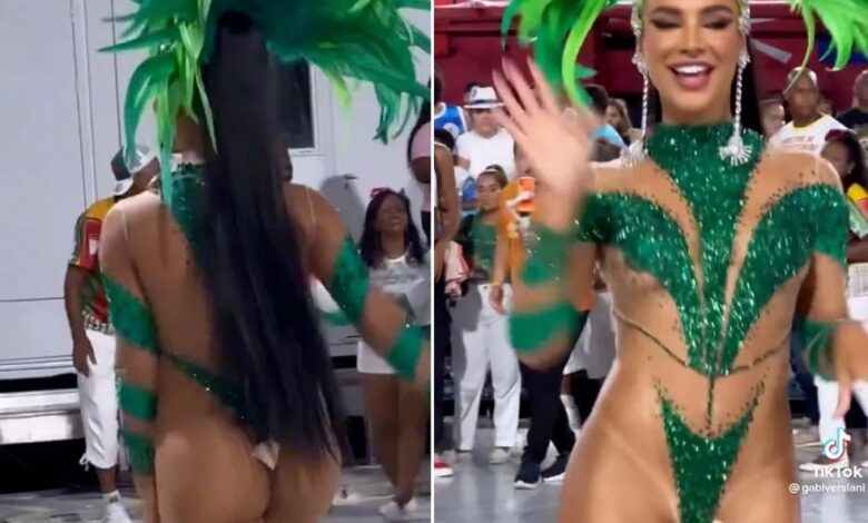 Musa da Grande Rio fica com tapa-sexo "pendurado" durante ensaio