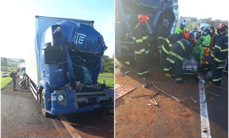 Homem morre em acidente entre dois caminhões