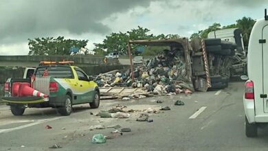 Carreta tomba em viaduto da Anchieta e espalha lixo