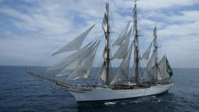 Navio-veleiro Cisne Branco atraca no Porto de Santos e recebe público para visitação
