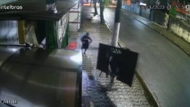 VÍDEO - Dupla é flagrada arrancando portão de prédio no litoral de SP