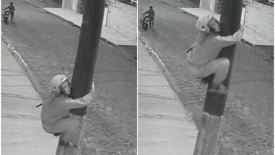 Homem escala poste para furtar fios de energia em Peruíbe, SP