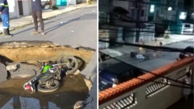 VÍDEO - Cratera abre no meio de rua e engole motociclista