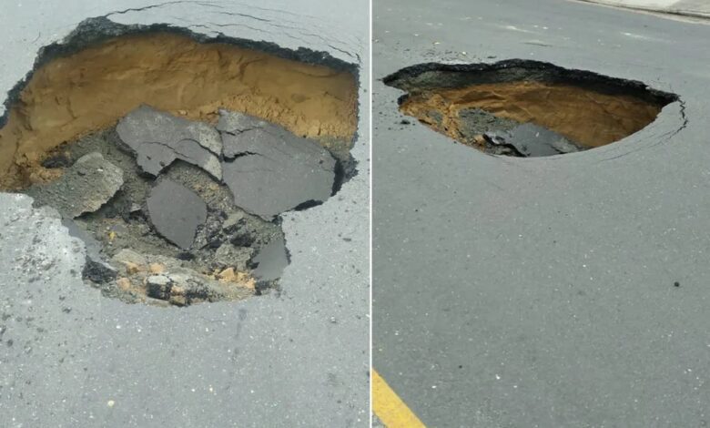 Cratera se abre no meio de avenida em Santos