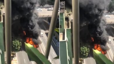 VÍDEO – Ônibus articulado pega fogo em avenida movimentada