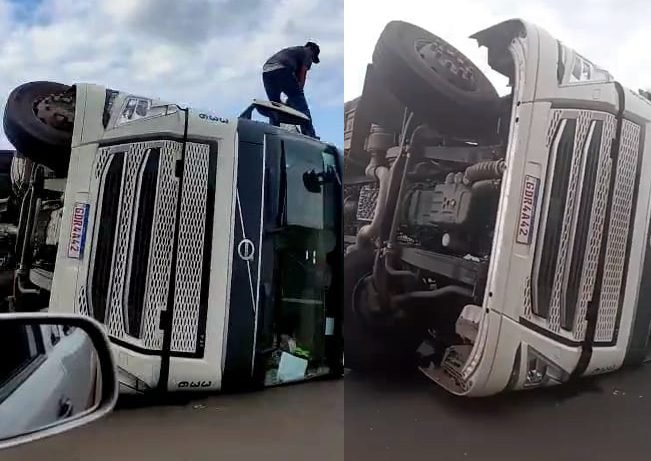 Caminhão carregado com cerveja tomba em rodovia