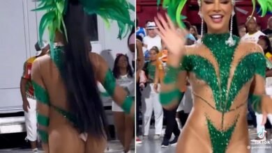 Musa da Grande Rio fica com tapa-sexo "pendurado" durante ensaio