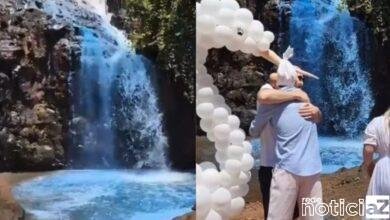 Casal tinge cachoeira de azul em chá de revelação no Mato Grosso