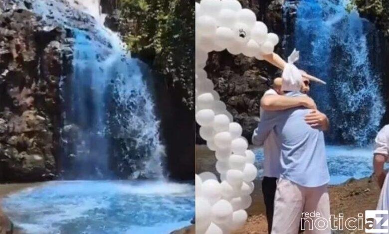 Casal tinge cachoeira de azul em chá de revelação no Mato Grosso