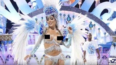 Mulher Abacaxi desfila com seios a mostra e marido pede divórcio