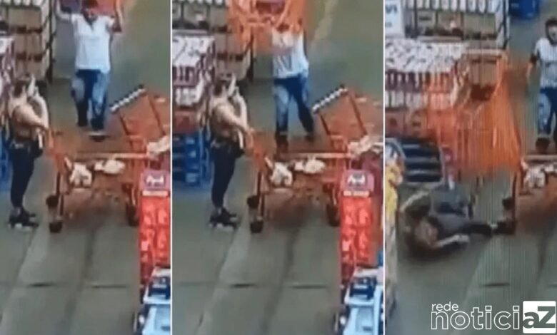 Vídeo - Homem joga carrinho de compras em mulher dentro de supermercado