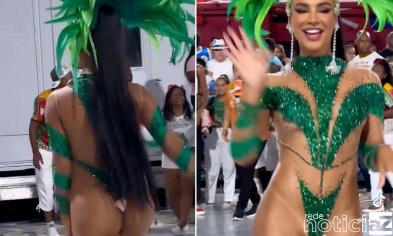 Musa da Grande Rio fica com tapa-sexo "pendurado" durante ensaio