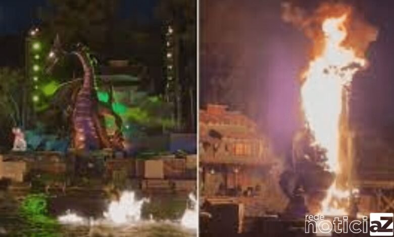 Um dragão de 10 metros de altura que fazia parte do show "Fantasmic" da Disney Califórnia pegou fogo na noite de sábado