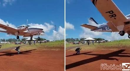 Vídeo - Avião de pequeno porte passa perto de homem na Agrishow