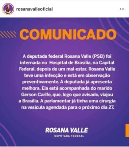 Deputada federal Rosana Valle (PSB) é internada em Hospital de Brasília