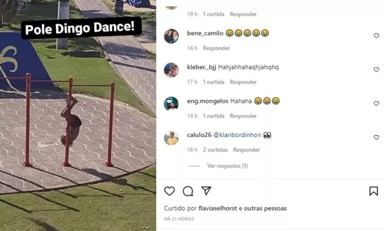 Em Bertioga Homem faz pole dance em barras de praia e cai no chão