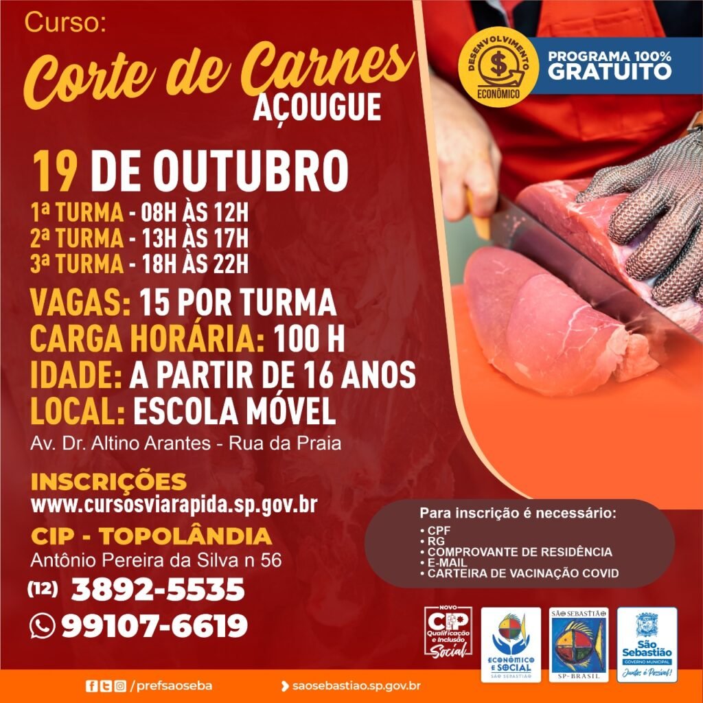 Prefeitura abre inscrições para cursos profissionalizantes gratuitos de ‘Panificação’ e ‘Corte de Carnes – Açougue’