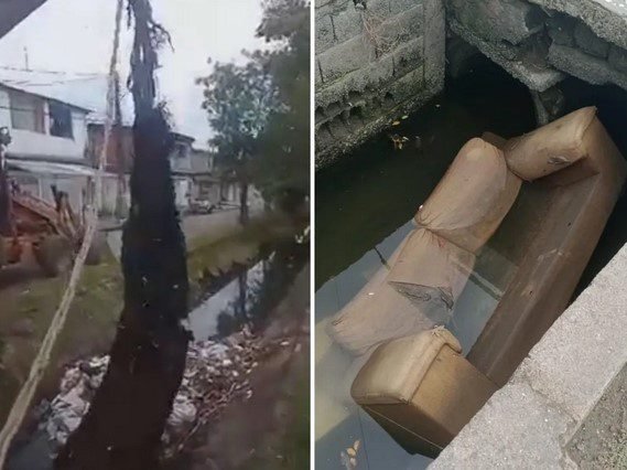 Tapete e sofá são retirados dentro de canais no Guarujá