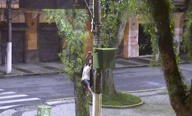Flagrado em poste, homem é preso em Santos por furto de fios