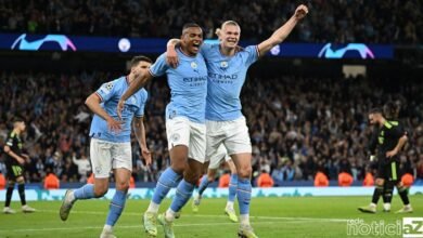 Jogadores do City celebrando a vaga à final da Liga dos Campeões.