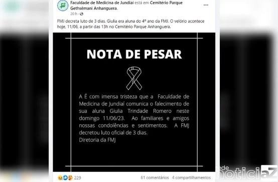 Faculdade de Medicina de Jundiaí decreta luto após morte de jovem que sonhava em ser médica